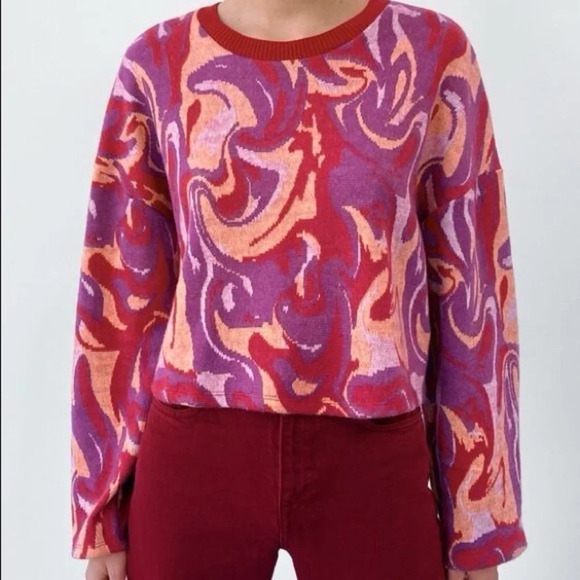 Zara Red Pink Jacquard Swirl Psychedelic Oversized Cropped Long Sleeve Sweater - Picture 2 of 7